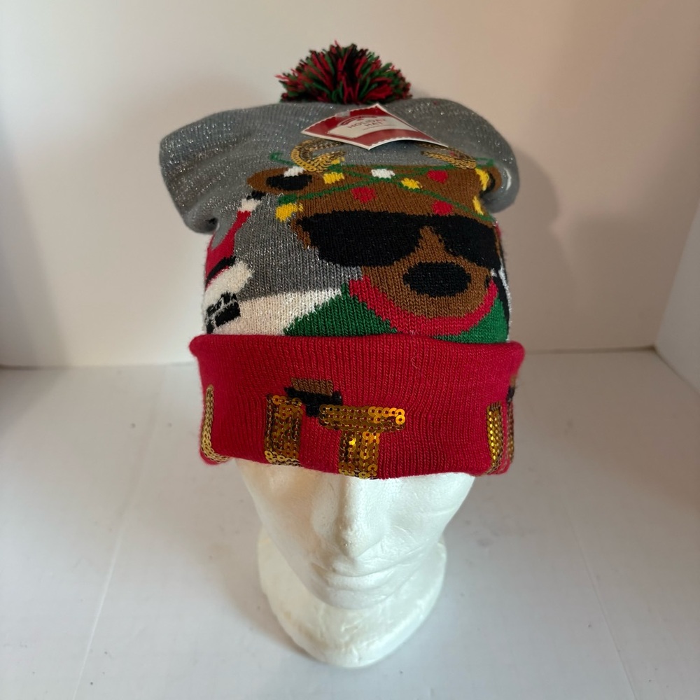 Holiday Beanie with Pom Pom - Gray and Red - Picture 3 of 5